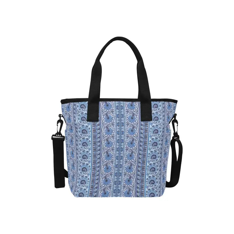 Blue and white print insulated tote bag with black handles and detachable strap