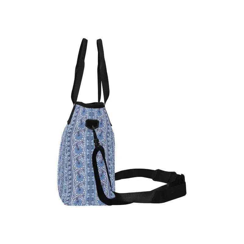 Blue print insulated Tote-ally Awesome Bag with black straps and side pocket