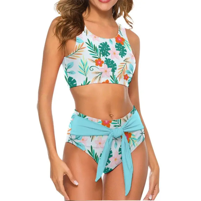 Tropical Floral Modest Swimsuit with crop top and high-waisted bottoms for ladies tropical floral fun