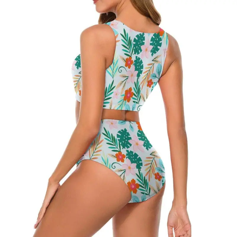 Tropical Floral Modest Swimsuit featuring a chic crop top and high-waisted bottom