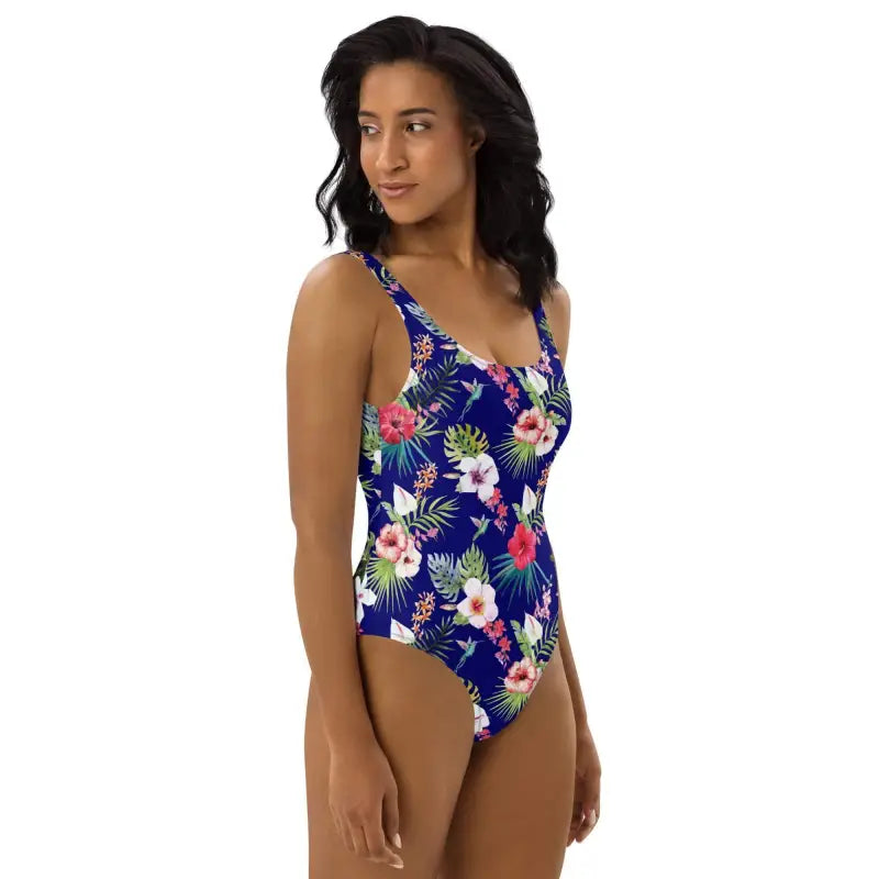 Floral print women’s Tropical Hawaiian One-Piece swimsuits with a navy background