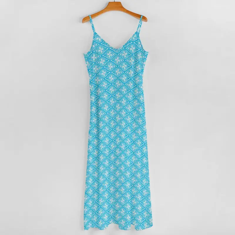turquoise patterned maxi dress hanging view