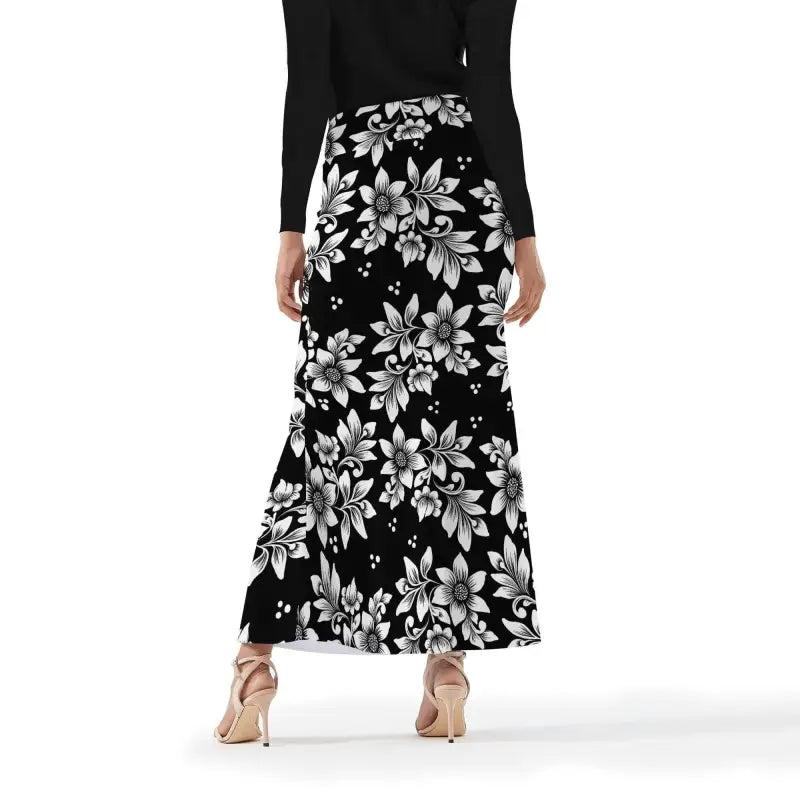 Floral print wrap fishtail maxi skirt with black background and white flowers design