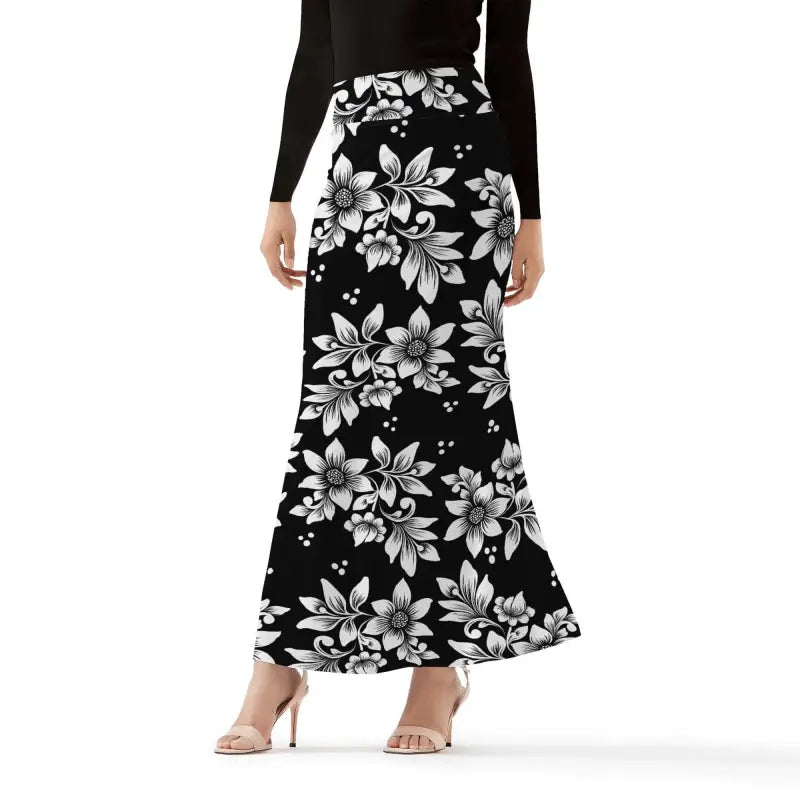 Womens black floral print wrap fishtail maxi skirt perfect for twirling in style