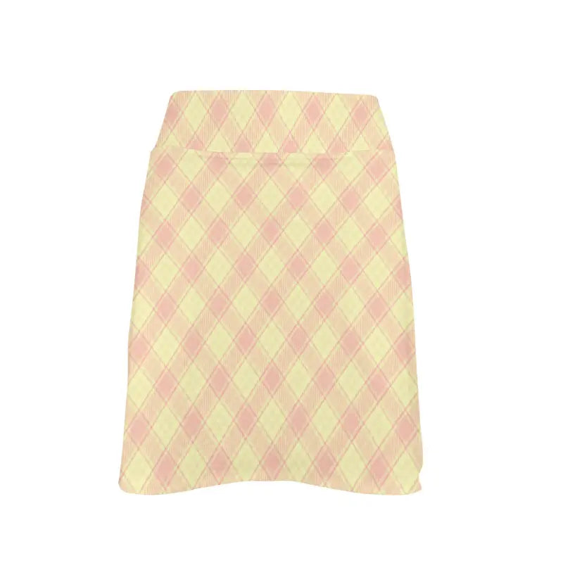 Pastel yellow and pink checkered skirt, perfect for a women’s plaid athletic vibe