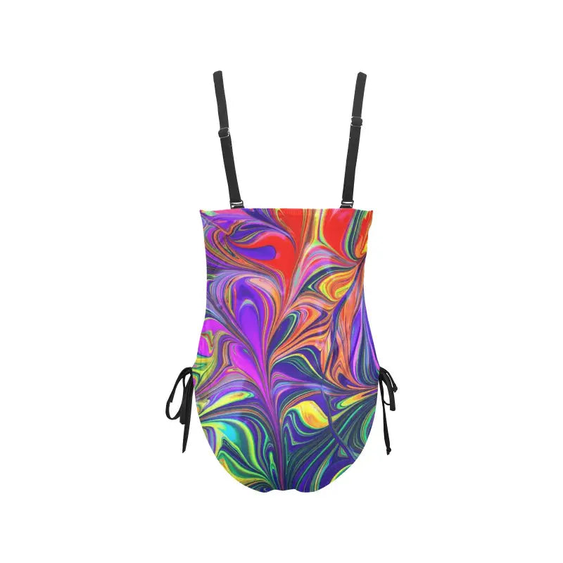 Colorful one-piece swimsuit with vibrant swirl drawstring and psychedelic patterns