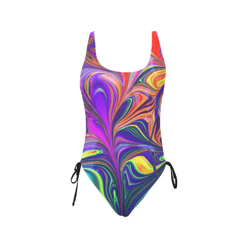 Colorful one-piece swimsuit with vibrant swirl drawstring and fun psychedelic patterns