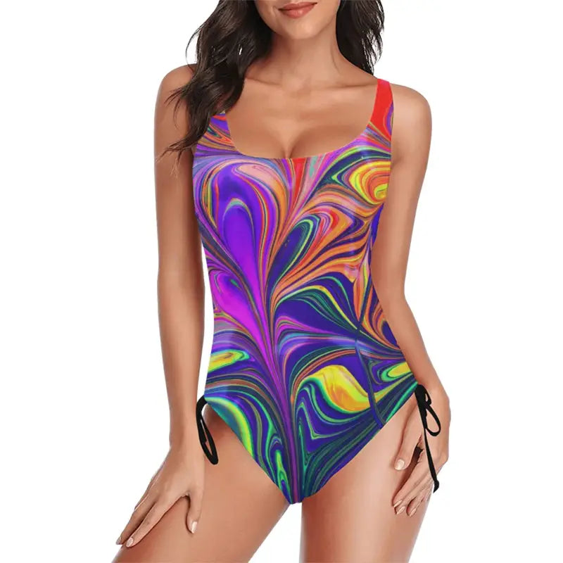 Vibrant swirl drawstring one-piece swimsuit in purple, orange, yellow, and green