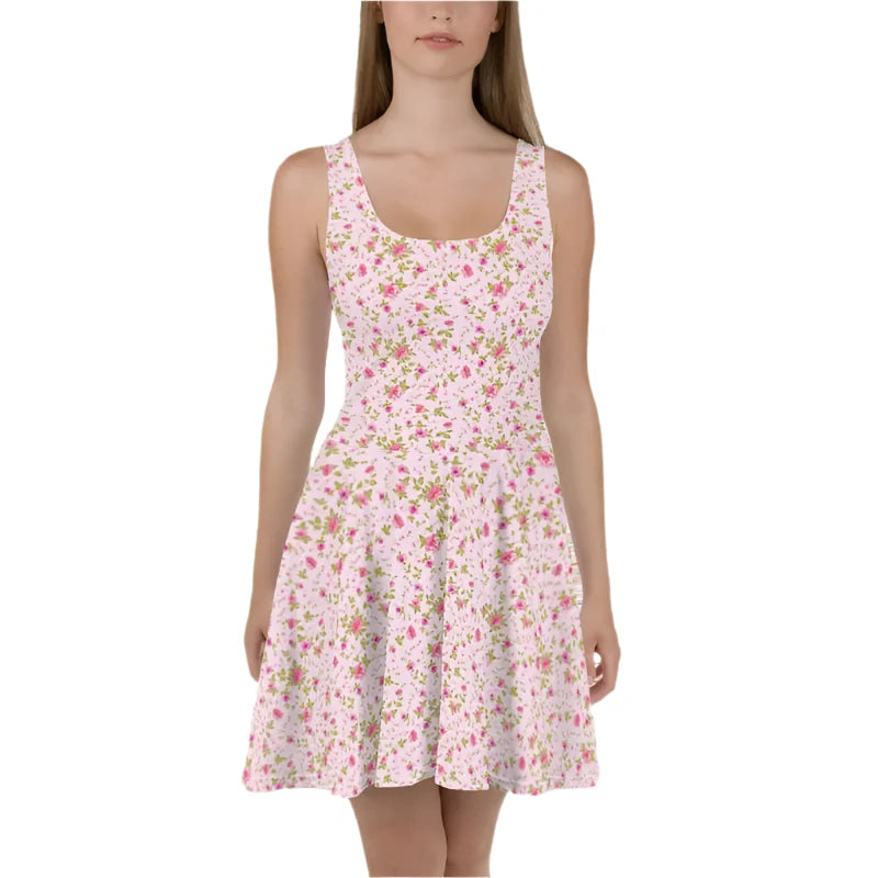 Floral skater dress in pink, perfect for summer days with a fitted bodice and flared skirt