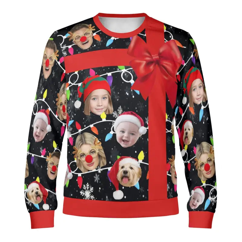 Unisex custom winter Christmas pullover with cute dog and people pics and festive flair