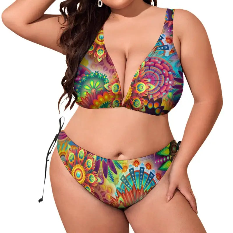 Colorful plus size bikini with psychedelic peacock feather design for curvy comfort