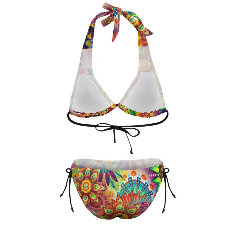 White halter neck bikini with colorful floral trim, perfect for a colorful plus size bikini look