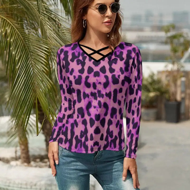 Vibrant purple leopard print v-neck long sleeve top, perfect for a wild style vibe