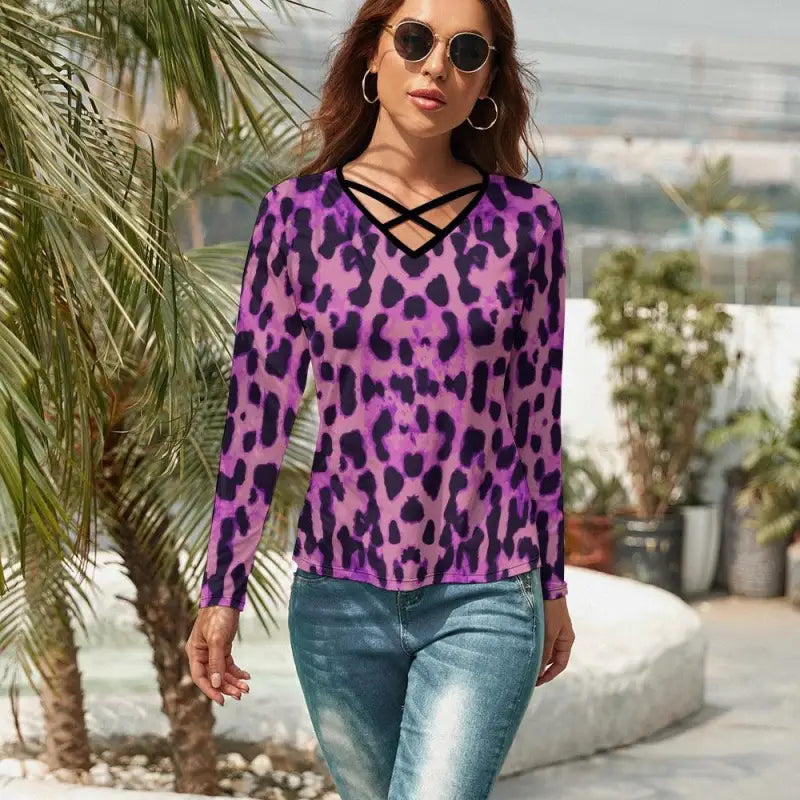 Purple leopard print v-neck long sleeve top with criss-cross neckline style