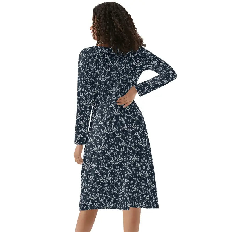 Womens Black Floral V-Neck Long Sleeve Dress with chic black and white floral print
