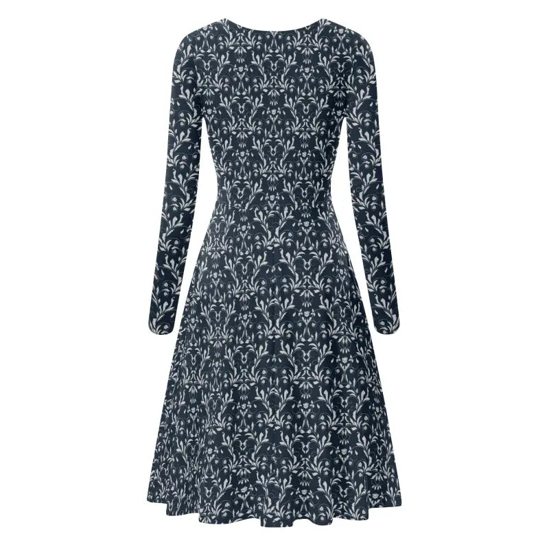 Womens Black Floral V-Neck Long Sleeve Dress with a stylish dark floral pattern