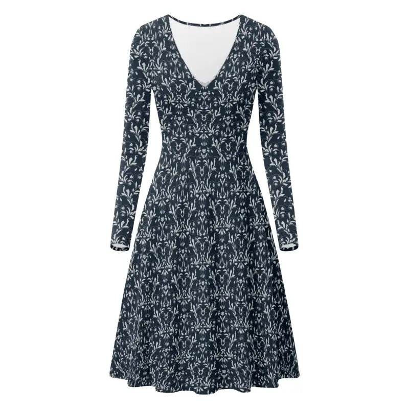 Womens Black Floral V-Neck Long Sleeve Dress featuring a stylish black and white abstract print
