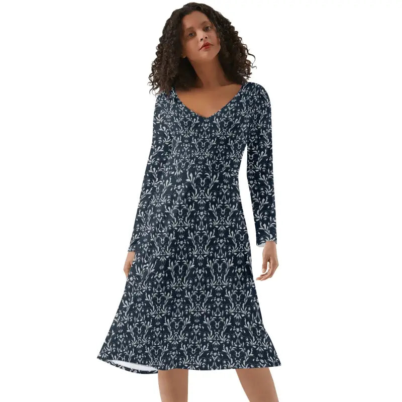 Womens Black Floral V-Neck Long Sleeve Dress in navy blue and white floral print