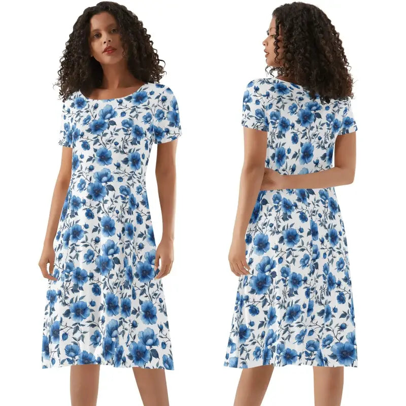 Womens Blue Floral Short Sleeve Dress with a pretty blue and white floral print