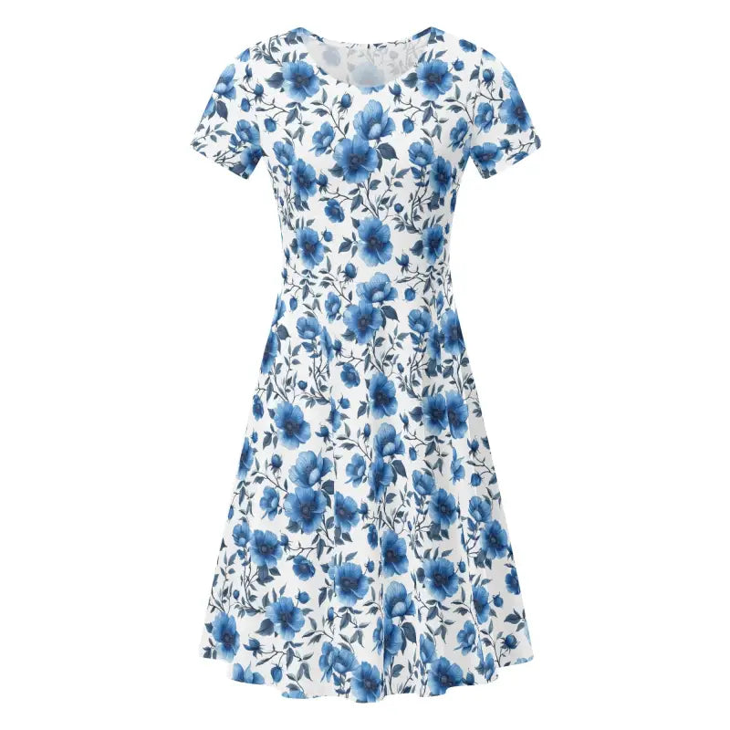 Womens Blue Floral Short Sleeve Dress with a cute white base and blue floral prints