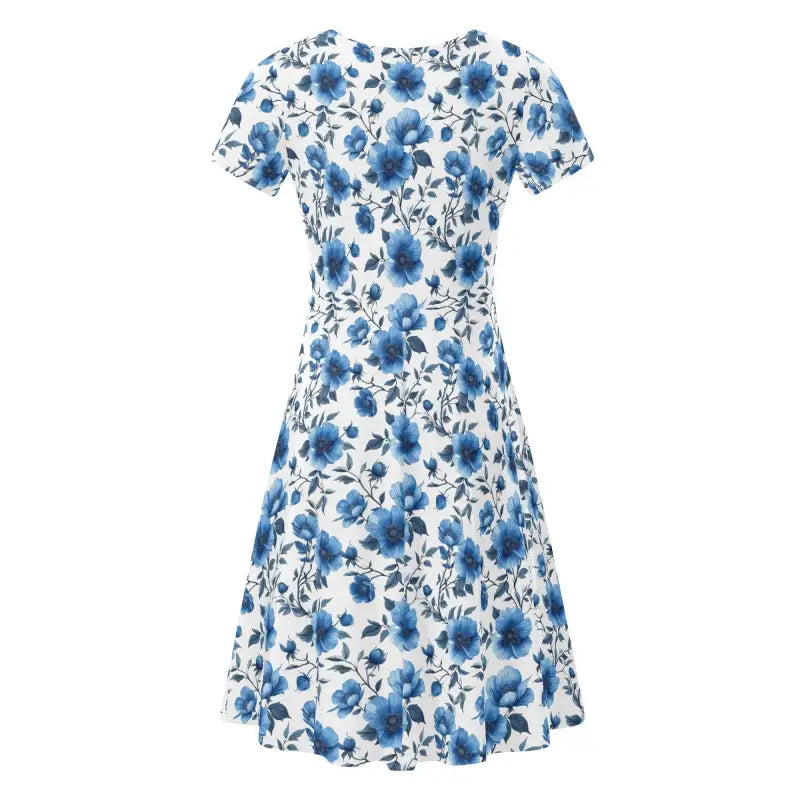 Womens Blue Floral Short Sleeve Dress featuring blue flowers on a white background