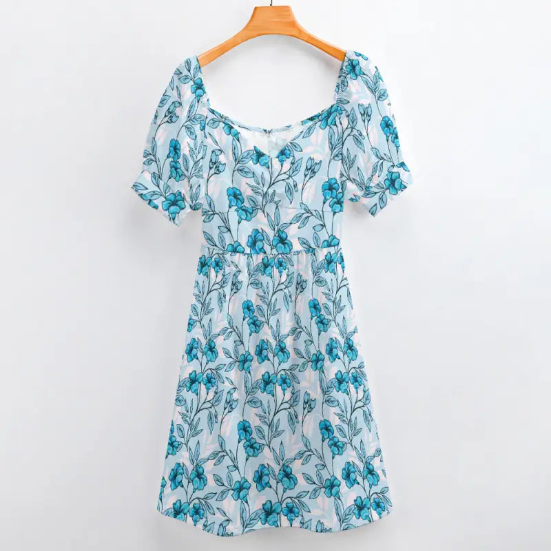 Stylish Women’s Blue Floral Sweetheart Dress perfect for garden parties with puffed sleeves
