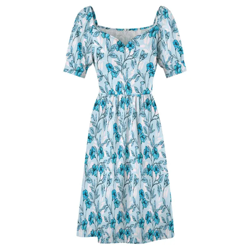 Stylish Women’s Blue Floral Sweetheart Dress perfect for garden parties with puffed sleeves