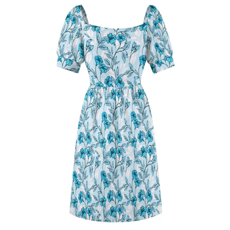 Cute Women’s Blue Floral Sweetheart Dress with puff sleeves, perfect for garden parties