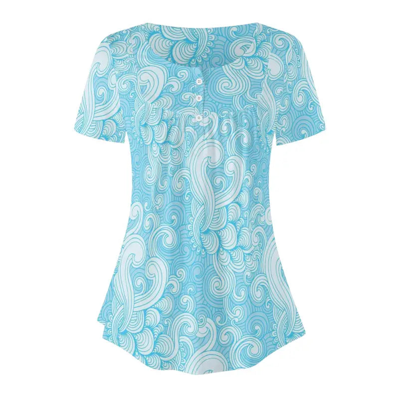 Light blue and white patterned blue paisley short sleeve babydoll blouse for women