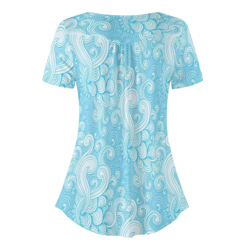 Light blue short-sleeved shirt with white paisley pattern, perfect blue paisley short sleeve blouse