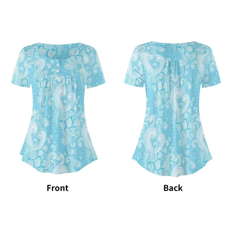 Light blue patterned women’s blue paisley short sleeve babydoll blouse front and back views