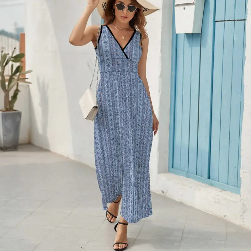 Blue and white stripe sleeveless maxi dress featuring a V-neckline and black trim