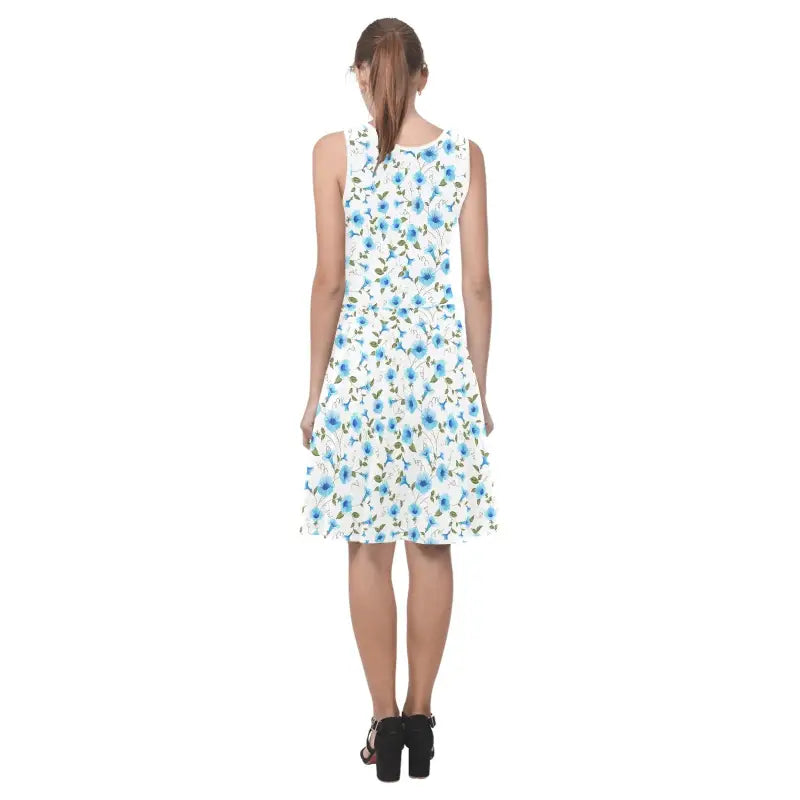 Sleeveless white dress with blue and yellow floral print for a casual blue floral sundress