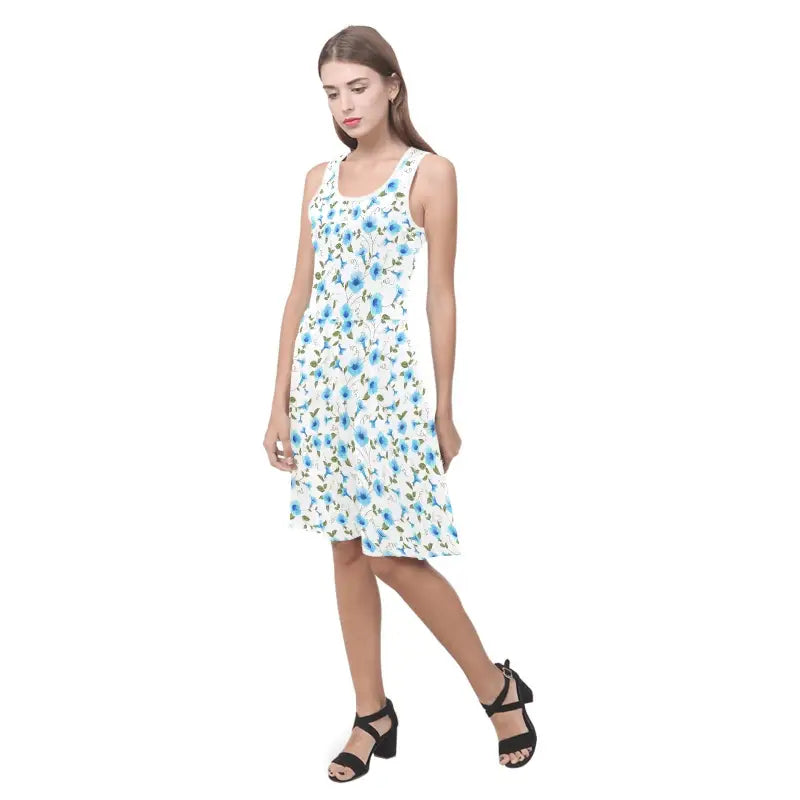 Sleeveless white dress with blue floral print, perfect women’s casual blue floral sundress
