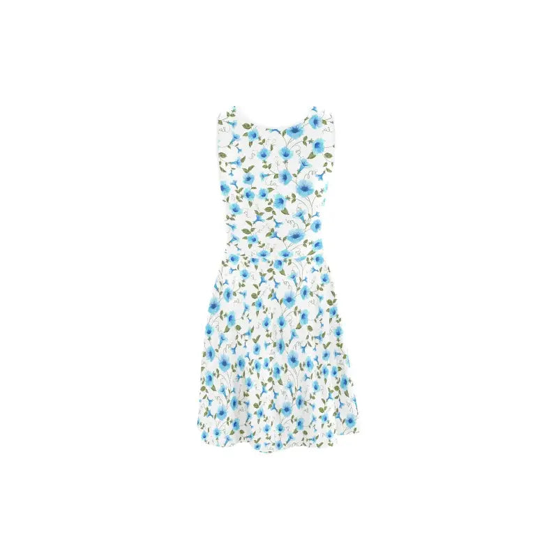 Sleeveless white dress with blue floral print perfect for a casual blue floral sundress