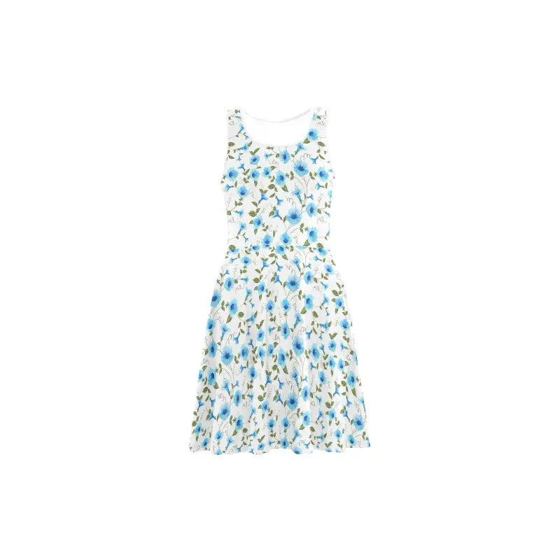 Sleeveless white dress with blue floral print, perfect women’s casual blue floral sundress