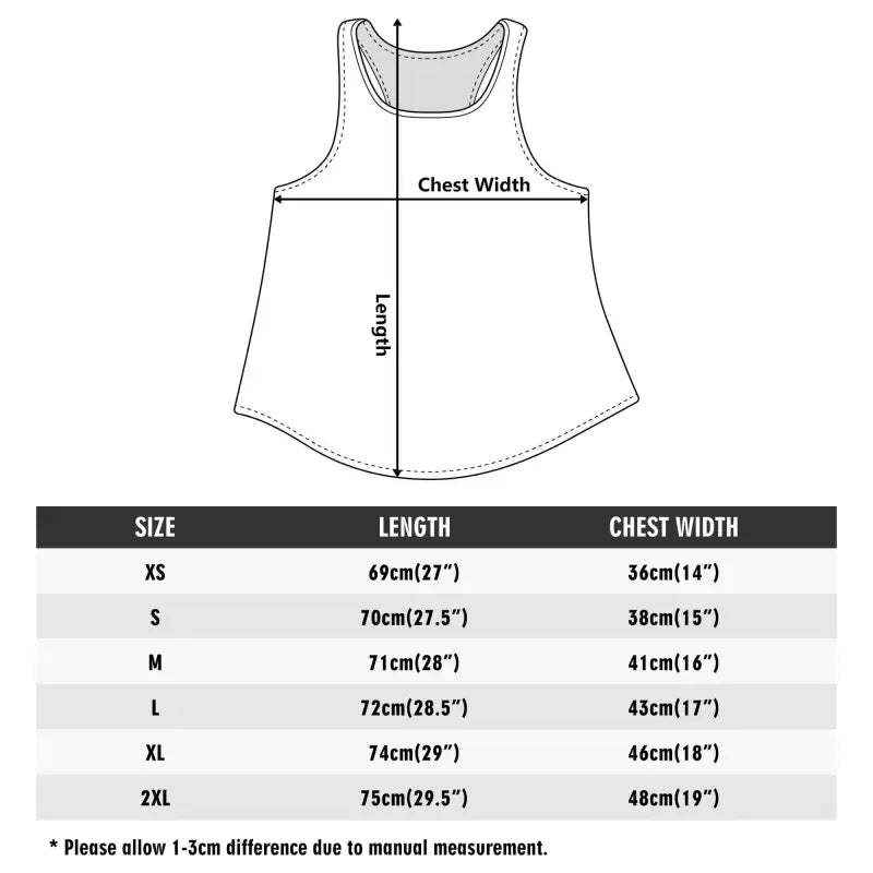 Technical size chart for Women’s Chevron Racerback Tank Top, ideal for a loose fitting look