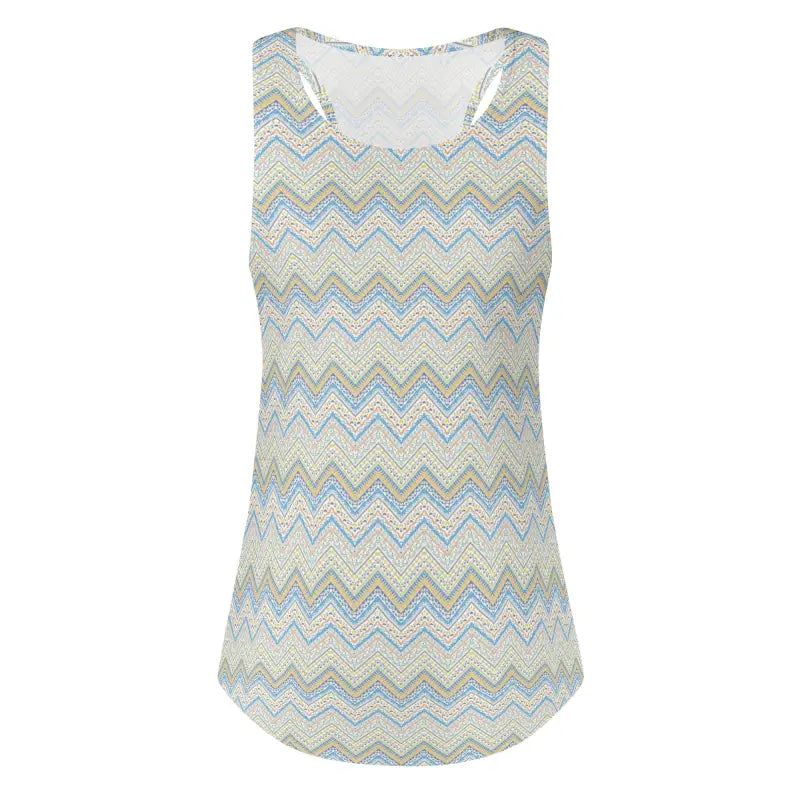Sleeveless Womens Chevron Racerback Tank Top in blue, gray, and beige zigzag pattern