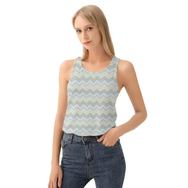 Sleeveless blue and white chevron racerback tank top, perfect for a loose fitting look