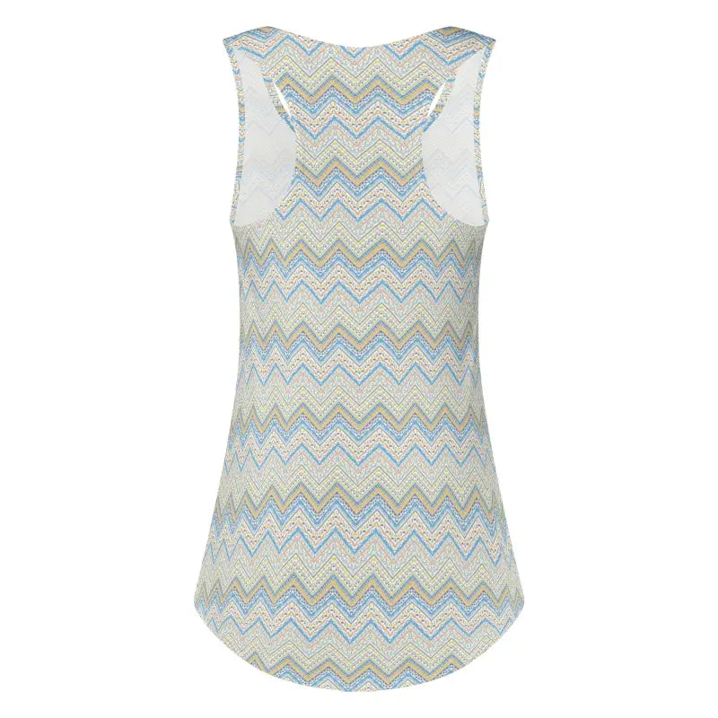 Sleeveless floral racerback tank in soft blue, gray, and white chevron pattern