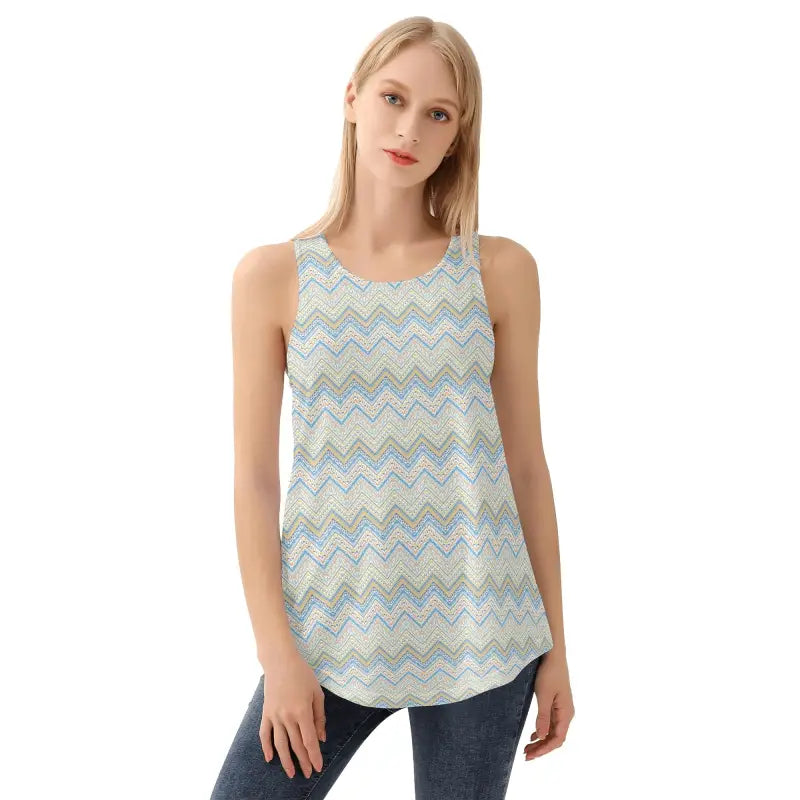 Loose fitting Womens Chevron Racerback Tank Top in soft blue and yellow zigzag pattern