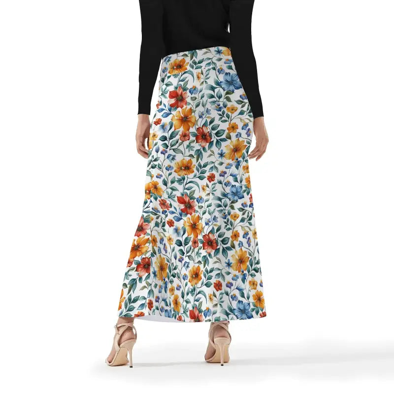 Vibrant Womens Floral Fit and Flare Maxi Skirt featuring colorful flowers and leaves