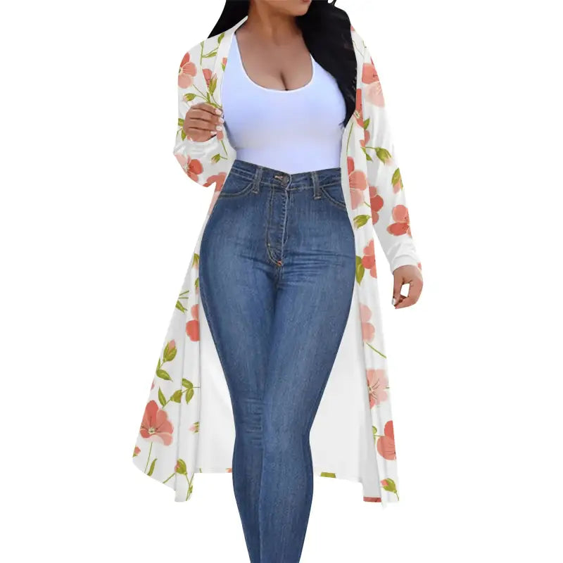 Womens floral long lightweight kimono layered over a tank and jeans for casual chic style