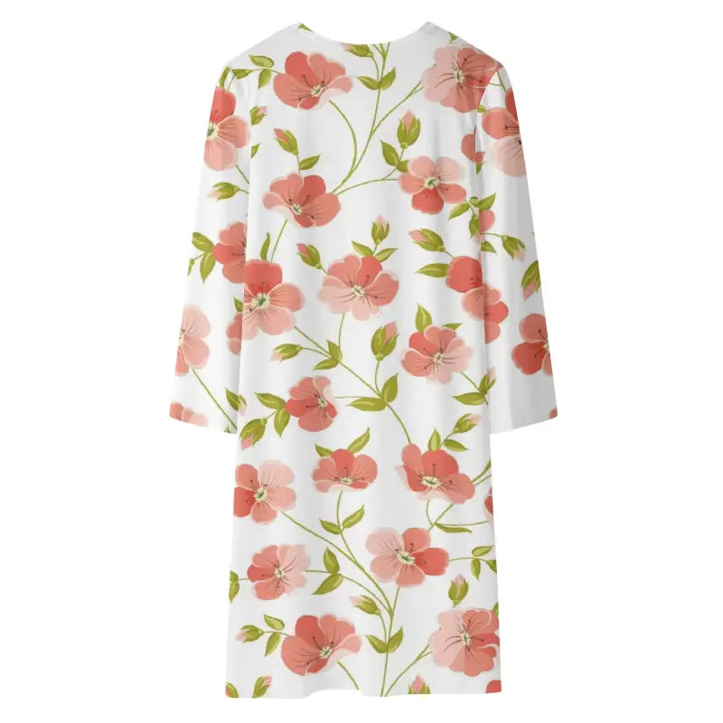 Womens Floral Long Lightweight Kimono with pink blossoms on a chic white background