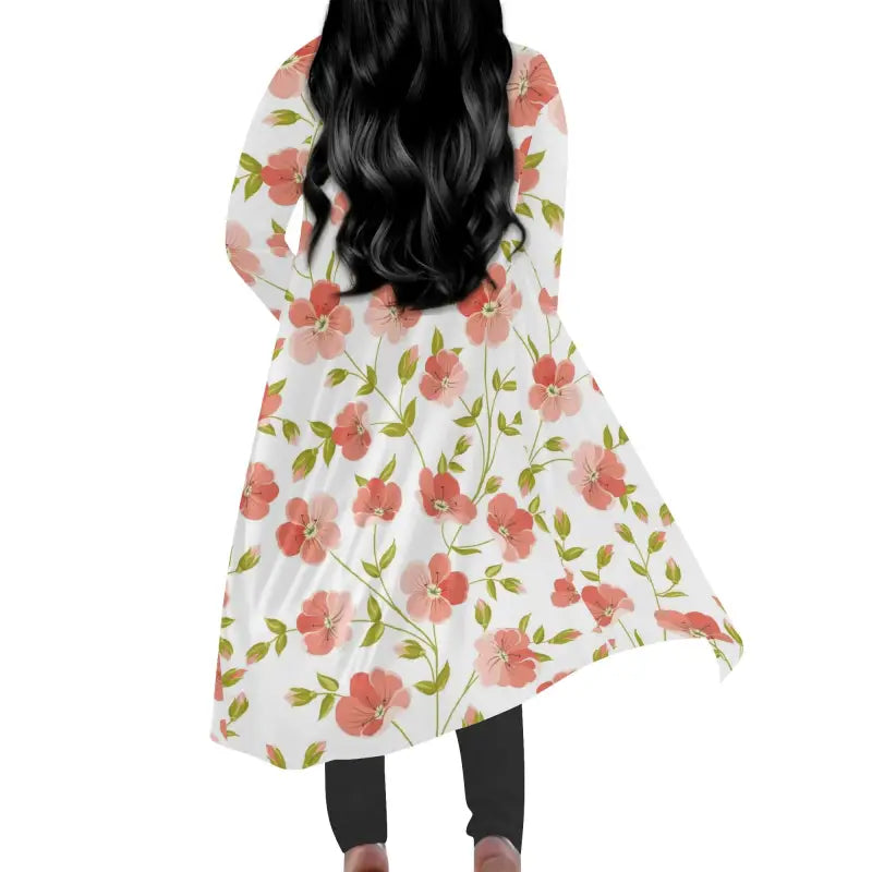 Womens Floral Long Lightweight Kimono showcasing chic style with long black hair from behind