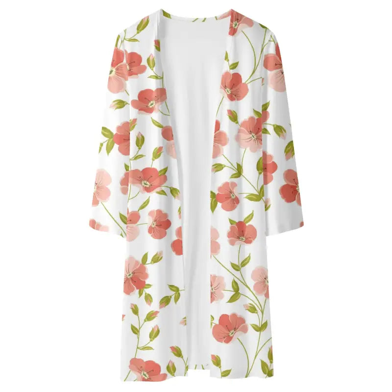 Floral-patterned white womens floral long lightweight kimono for a casual chic style