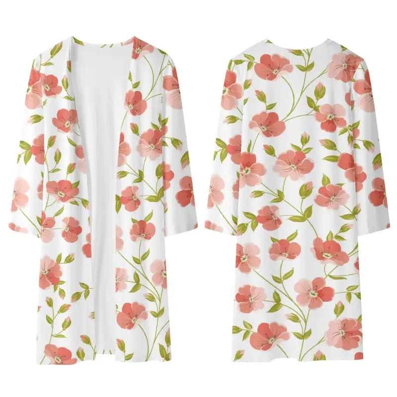 Floral-patterned white womens floral long lightweight kimono for casual chic style