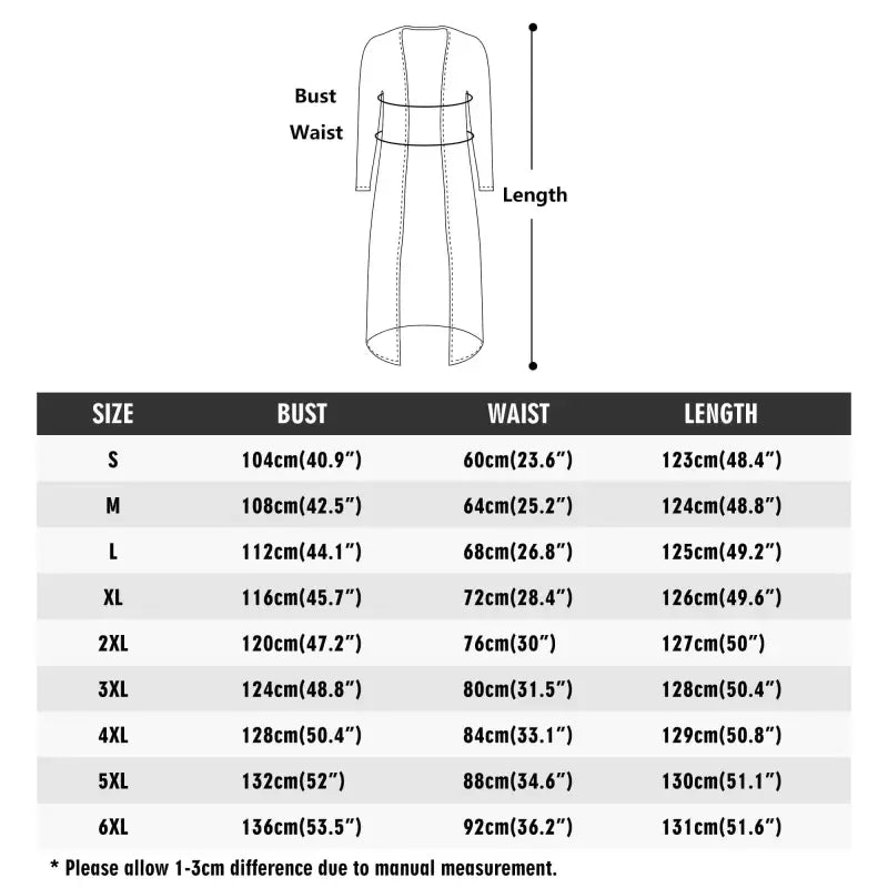 Size chart for Womens Floral Long Lightweight Kimono Cardigans with bust, waist, and length