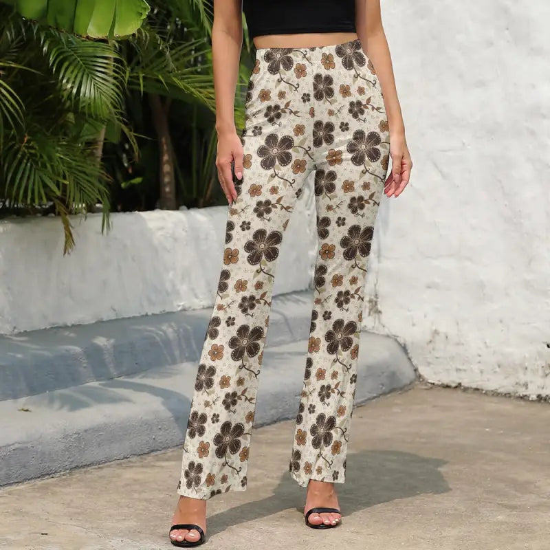 Stylish Women’s Floral Print Flared Pants with a brown floral pattern on cream background