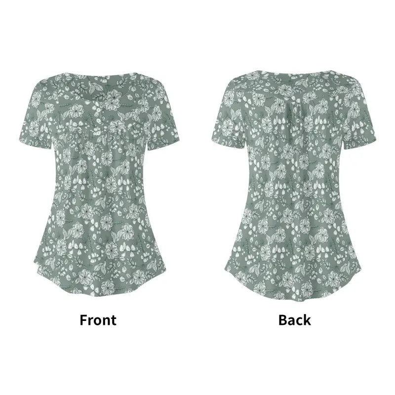 Front and back view of Women’s Floral Print Short Sleeve Blouse in vibrant patterns